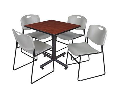Regency Kobe 30 Square Breakroom Table- Cherry & 4 Zeng Stack Chairs- Grey