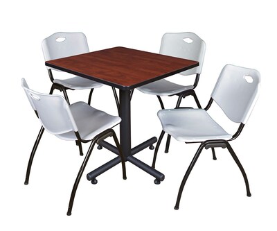 Regency Kobe 30 Square Breakroom Table- Cherry & 4 M Stack Chairs- Grey