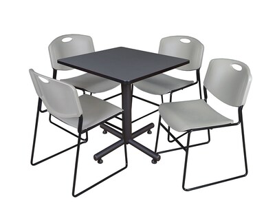 Regency Kobe 30 Square Breakroom Table- Grey & 4 Zeng Stack Chairs- Grey