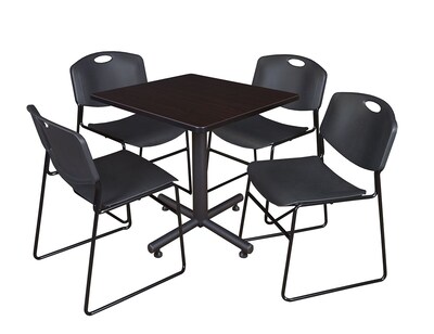Regency Kobe 30 Square Breakroom Table- Mocha Walnut & 4 Zeng Stack Chairs- Black