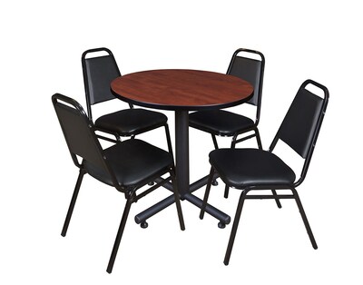 Regency Kobe 30 Round Breakroom Table- Cherry & 4 Restaurant Stack Chairs- Black