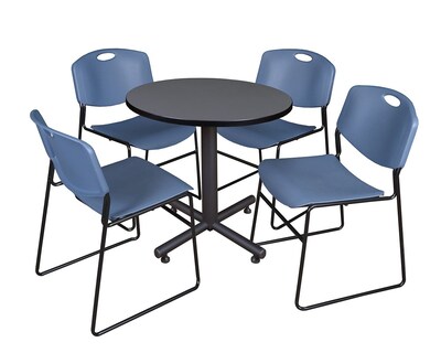 Regency Kobe 30 Round Breakroom Table- Grey & 4 Zeng Stack Chairs- Blue