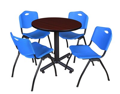 Regency Kobe 30 Round Breakroom Table- Mahogany & 4 M Stack Chairs- Blue