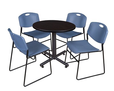 Regency Kobe 30 Round Breakroom Table- Mocha Walnut & 4 Zeng Stack Chairs- Blue
