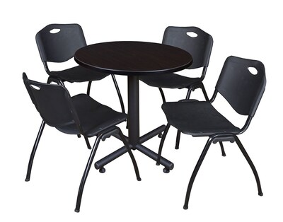 Regency Kobe 30 Round Breakroom Table- Mocha Walnut & 4 M Stack Chairs- Black