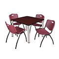 Regency Kee 42 Square Breakroom Table- Mahogany/ Chrome & 4 M Stack Chairs- Burgundy