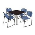 Regency Kee 42 Square Breakroom Table- Mocha Walnut/ Chrome & 4 Zeng Stack Chairs- Blue