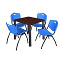 Regency Kee 30 Square Breakroom Table- Mahogany/ Black & 4 M Stack Chairs- Blue