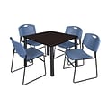 Regency Kee 36 Square Breakroom Table- Mocha Walnut/ Black & 4 Zeng Stack Chairs- Blue