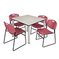 Regency Kee 48 Square Breakroom Table- Maple/ Chrome & 4 Zeng Stack Chairs- Burgundy