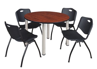 Regency Kee 48 Round Breakroom Table- Cherry/ Chrome & 4 M Stack Chairs- Black