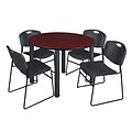 Regency Kee 48 Round Breakroom Table- Mahogany/ Black & 4 Zeng Stack Chairs- Black