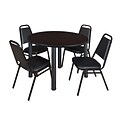 Regency Kee 48 Round Breakroom Table- Mocha Walnut/ Black & 4 Restaurant Stack Chairs- Black