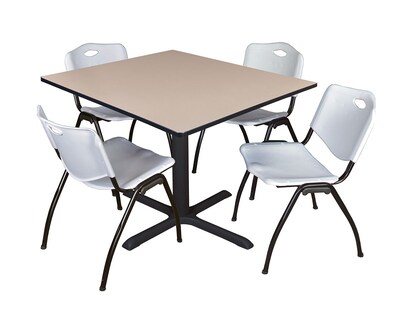 Regency Cain 48 Square Breakroom Table- Beige & 4 M Stack Chairs- Grey