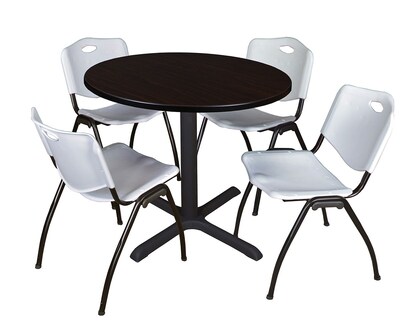 Regency Cain 36 Round Breakroom Table- Mocha Walnut & 4 M Stack Chairs- Grey