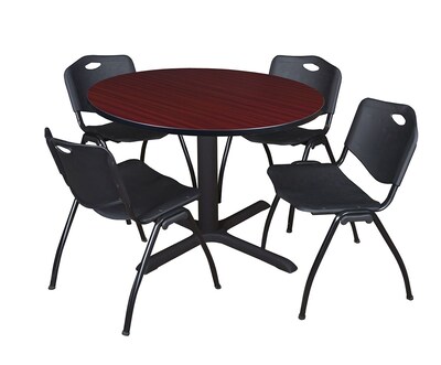 Regency Cain 48 Round Breakroom Table- Mahogany & 4 M Stack Chairs- Black