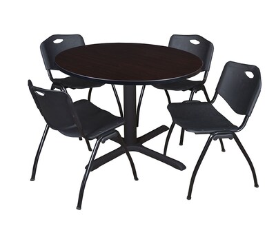 Regency Cain 48 Round Breakroom Table- Mocha Walnut & 4 M Stack Chairs- Black