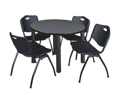 Regency Kee Breakroom Table, 42W, Gray/Black & 4 M Stack Chairs, Black (TB42RNDGYBPBK47BK)
