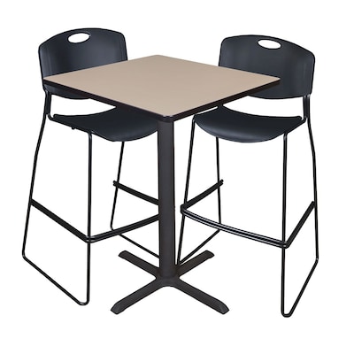 Regency Cain 30 Square Cafe Table- Beige & 2 Zeng Stack Stools, Black (TCB3030BE4495BK)