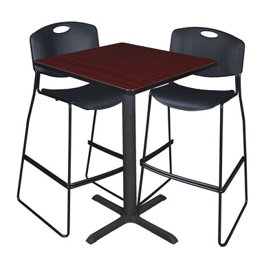 Regency Cain 30 Square Cafe Table- Mahogany & 2 Zeng Stack Stools- Black