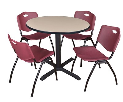 Regency Cain 36 Round Breakroom Table- Beige & 4 M Stack Chairs- Burgundy