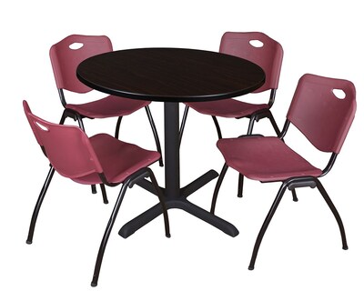 Regency Cain 36 Round Breakroom Table- Mocha Walnut & 4 M Stack Chairs- Burgundy