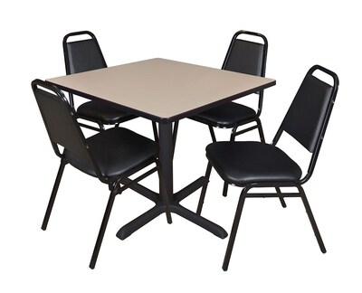 Regency Cain 42 Square Breakroom Table- Beige & 4 Restaurant Stack Chairs- Black