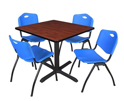 Regency Cain 42 Square Breakroom Table- Cherry & 4 M Stack Chairs- Blue