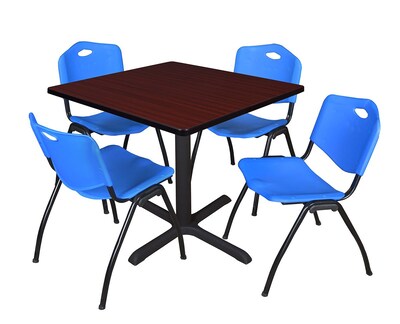 Regency Cain 42 Square Breakroom Table- Mahogany & 4 M Stack Chairs- Blue