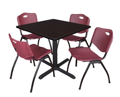 Regency Cain Breakroom Table, 42W, Mocha Walnut & 4 M Stack Chairs, Burgundy (TB4242MW47BY)