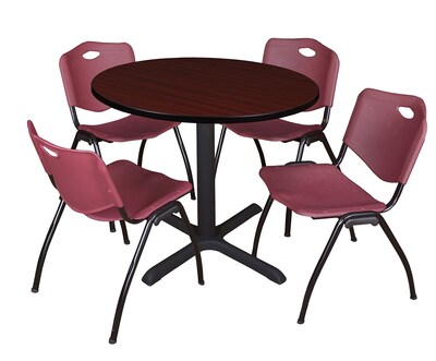 Regency Cain 42 Round Breakroom Table- Mahogany & 4 M Stack Chairs- Burgundy