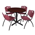 Regency Cain 42 Round Breakroom Table- Mahogany & 4 M Stack Chairs- Burgundy