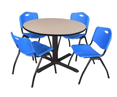 Regency Cain 48 Round Breakroom Table- Beige & 4 M Stack Chairs- Blue