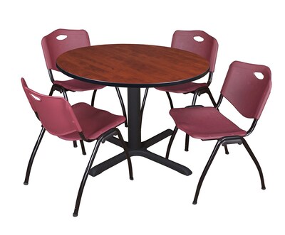 Regency Cain 48 Round Breakroom Table- Cherry & 4 M Stack Chairs- Burgundy