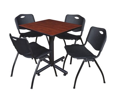 Regency Kobe 30 Square Breakroom Table- Cherry & 4 M Stack Chairs- Black