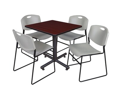 Regency Kobe 30 Square Breakroom Table- Mahogany & 4 Zeng Stack Chairs- Grey