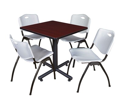 Regency Kobe 30 Square Breakroom Table- Mahogany & 4 M Stack Chairs- Grey