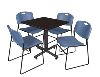Regency Kobe 30 Square Breakroom Table- Mocha Walnut & 4 Zeng Stack Chairs- Blue