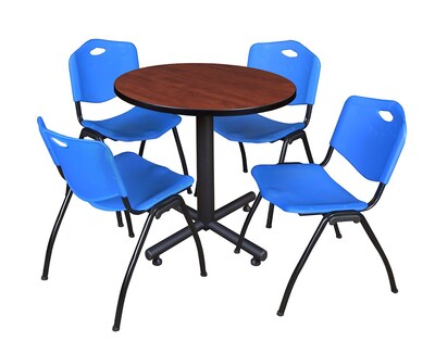 Regency Kobe 30 Round Breakroom Table- Cherry & 4 M Stack Chairs- Blue