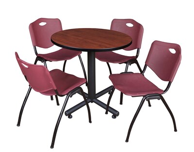 Regency Kobe 30 Round Breakroom Table- Cherry & 4 M Stack Chairs- Burgundy