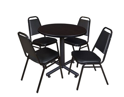 Regency Kobe 30 Round Breakroom Table- Mocha Walnut & 4 Restaurant Stack Chairs- Black