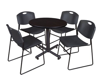 Regency Kobe 30 Round Breakroom Table- Mocha Walnut & 4 Zeng Stack Chairs- Black