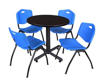Regency Kobe 30 Round Breakroom Table- Mocha Walnut & 4 M Stack Chairs- Blue