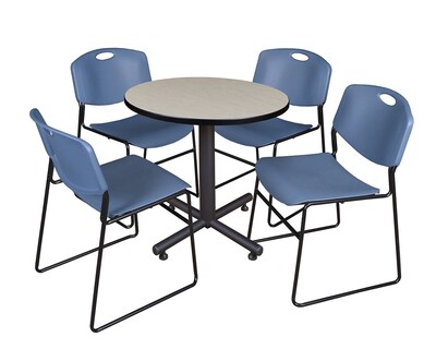Regency Kobe 30 Round Breakroom Table- Maple & 4 Zeng Stack Chairs- Blue