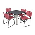 Regency Kee 42 Square Breakroom Table- Grey/ Chrome & 4 Zeng Stack Chairs- Burgundy