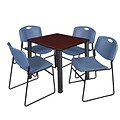 Regency Kee 30 Square Breakroom Table- Mahogany/ Black & 4 Zeng Stack Chairs- Blue