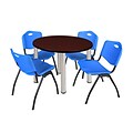 Regency Kee 42 Round Breakroom Table- Mahogany/ Chrome & 4 M Stack Chairs- Blue [TB42RNDMHBPCM47BE]