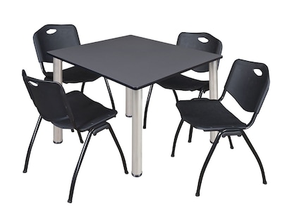 Regency Kee Square Breakroom Table & 4 M Stack Chairs, 48Wx48D, Gray/ Chrome/Black (TB4848GYBPCM