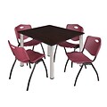 Regency Kee 48 Square Breakroom Table- Mocha Walnut/ Chrome & 4 M Stack Chairs- Burgundy [TB4848MWBPCM47BY]