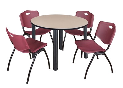 Regency Kee 48 Round Breakroom Table- Beige/ Black & 4 M Stack Chairs- Burgundy [TB48RNDBEBPBK47BY]